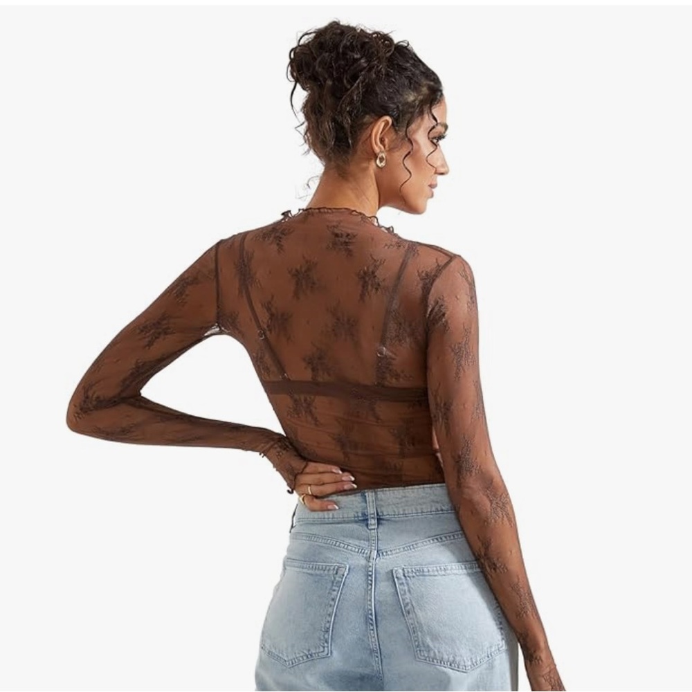 Sheer Floral Mesh Long-Sleeve Top - Brown